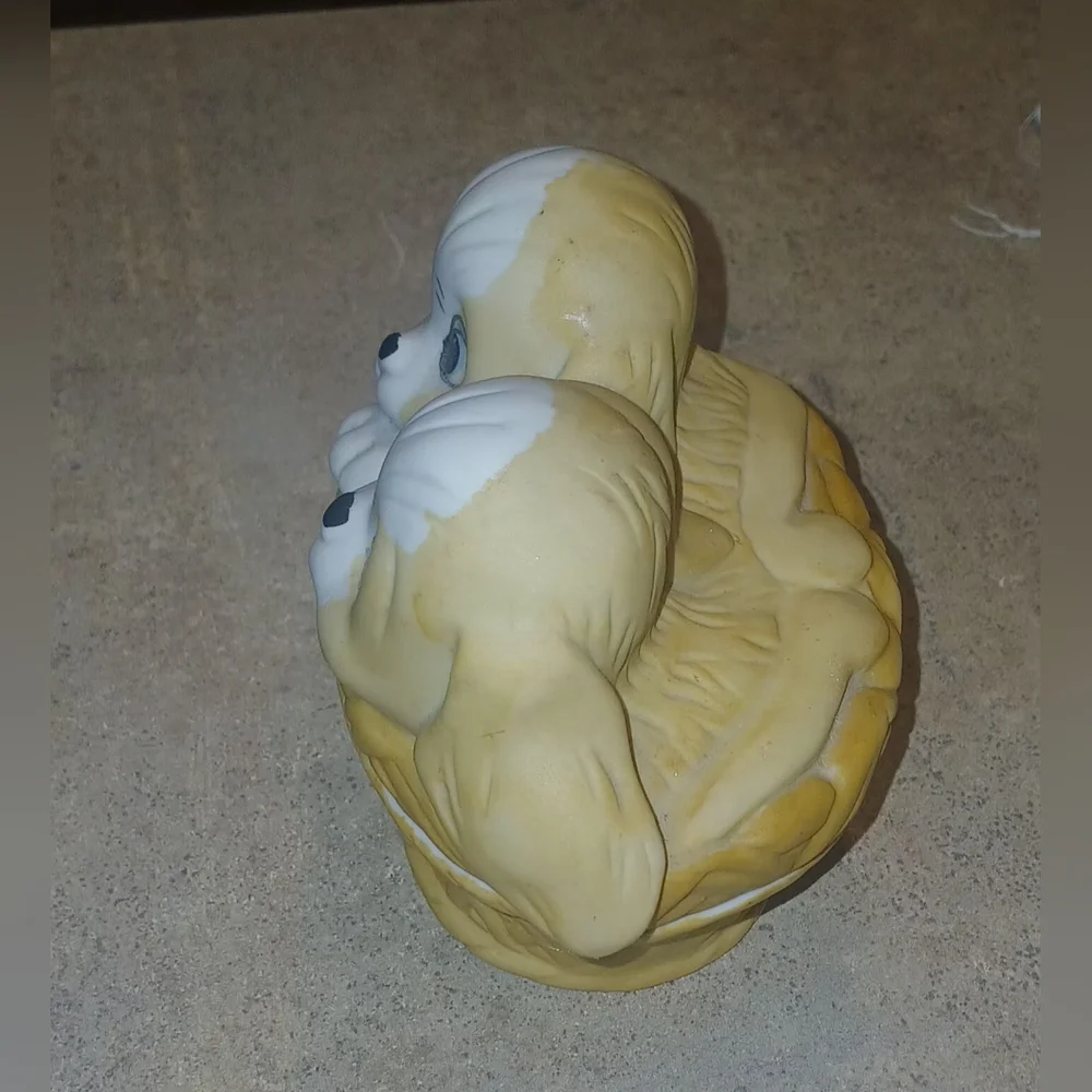 Homco Brown and White Puppy Basket Figurine